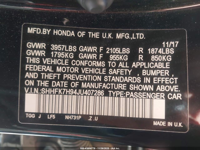 SHHFK7H94JU407286 Honda Civic Sport Touring
