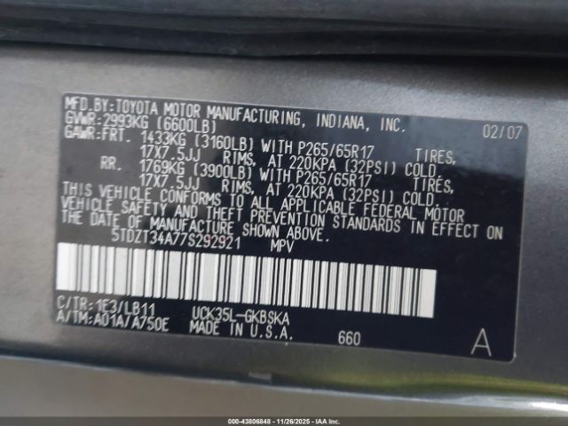 2007 TOYOTA SEQUOIA 5TDZT34A77S292921 Photo 8