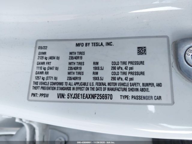 2022 TESLA MODEL 3 5YJ3E1EAXNF256970 Photo 8