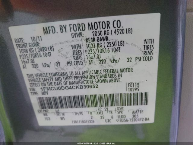 2012 FORD ESCAPE 1FMCU0DG4CKB30652 Photo 8