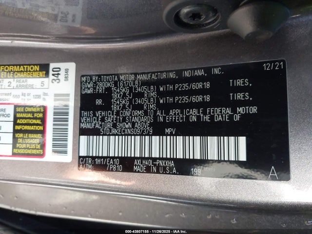 5TDJRKECXNS097379 Toyota SIENNA XLE