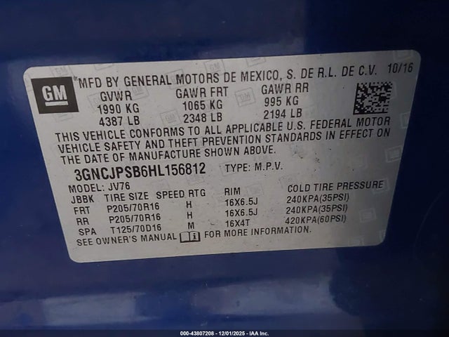 3GNCJPSB6HL156812 Chevrolet Trax Lt