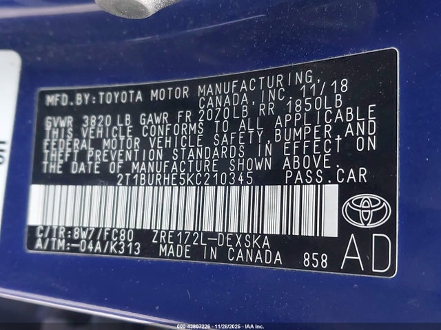 2019 TOYOTA COROLLA 2T1BURHE5KC210345 Photo 8