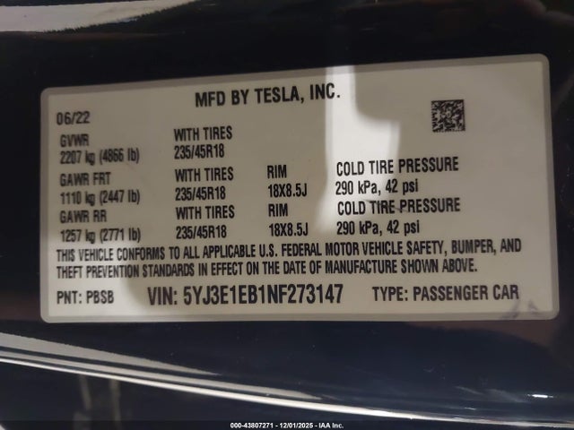 2022 TESLA MODEL 3 5YJ3E1EB1NF273147 Photo 8