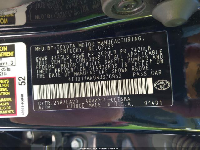 2022 TOYOTA CAMRY 4T1G11AK9NU670952 Photo 8