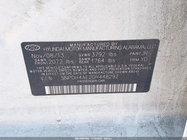2013 Hyundai Elantra Gls მანქანა იყიდება აუქციონზე, vin: 5NPDH4AE2DH448292, აუქციონის ნომერი: 43807364
