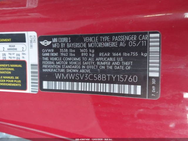 2011 MINI COOPER S WMWSV3C58BTY15760 Photo 8