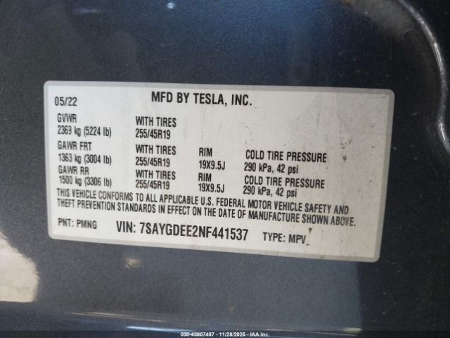 2022 TESLA MODEL Y 7SAYGDEE2NF441537 Photo 8