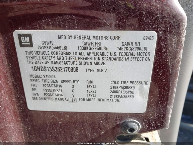 43807695 :رقم المزاد ، 1GNDS13S362170808 vin ، 2006 Chevrolet Trailblazer Ls مزاد بيع