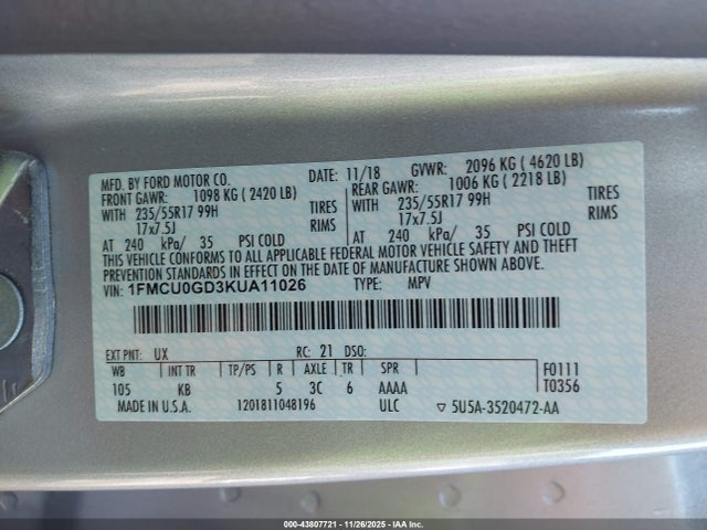 Aukcja sprzedaży 2019 Ford Escape Se, vin: 1FMCU0GD3KUA11026, numer aukcji: 43807721