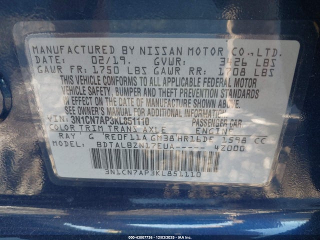 Nissan Versa 1.6 Sv 2019 3N1CN7AP3KL851110 Image 9