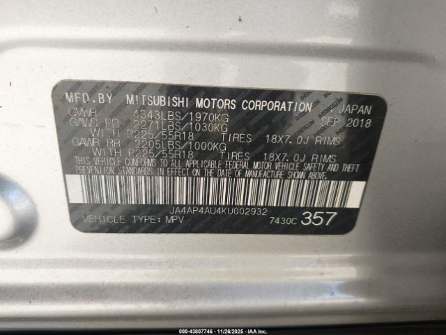 2019 MITSUBISHI OUTLANDER SPORT JA4AP4AU4KU002932 Photo 8