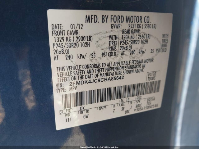 2012 Ford Edge Sel მანქანა იყიდება აუქციონზე, vin: 2FMDK4JC9CBA85642, აუქციონის ნომერი: 43807946