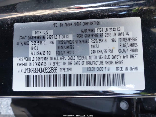43808038 :رقم المزاد ، JM3KFBEM0N0532586 vin ، 2022 Mazda Cx-5 2.5 S Premium Plus مزاد بيع