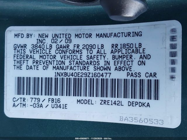 2009 TOYOTA COROLLA 1NXBU40E29Z160477 Photo 8