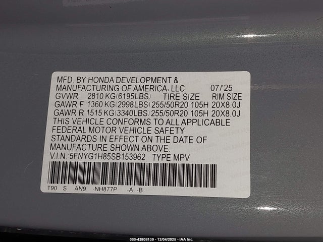 Продажа на аукционе авто 2025 Honda Pilot Elite, vin: 5FNYG1H85SB153962, номер лота: 43808139
