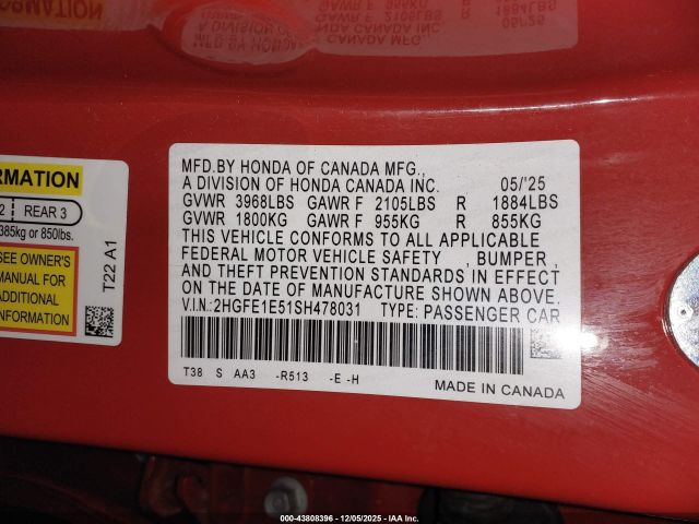 2025 HONDA CIVIC SI 2HGFE1E51SH478031 Photo 8