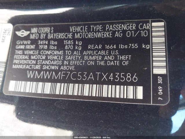 2010 MINI COOPER S WMWMF7C53ATX43586 Photo 8