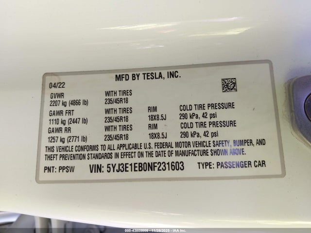 2022 TESLA MODEL 3 5YJ3E1EB0NF231603 Photo 8