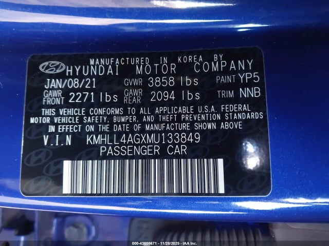Aukcja sprzedaży 2021 Hyundai Elantra Se, vin: KMHLL4AGXMU133849, numer aukcji: 43808671