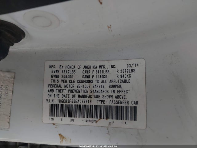 Honda Accord Ex-l V-6 2014 1HGCR3F86EA027918 Image 9