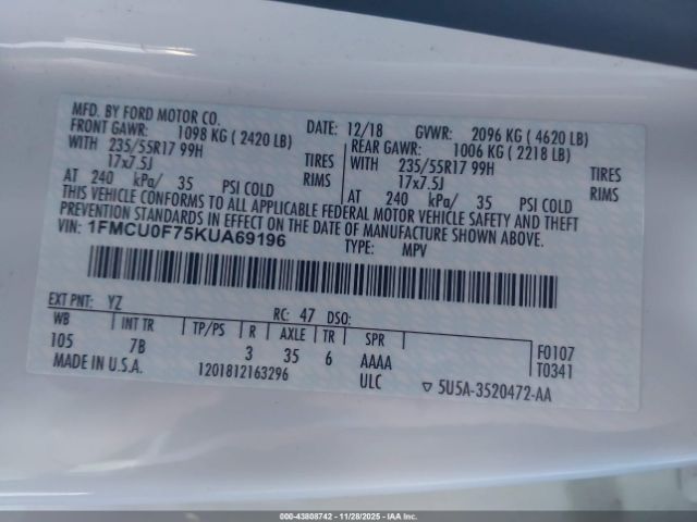 2019 FORD ESCAPE 1FMCU0F75KUA69196 Photo 8