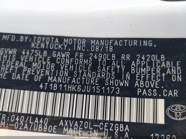 4T1B11HK6JU151173 Toyota CAMRY XLE