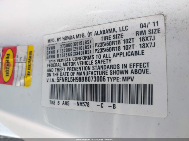 2011 HONDA ODYSSEY 5FNRL5H98BB073006 Photo 8