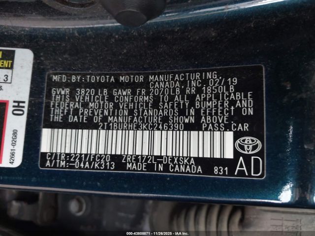 2019 TOYOTA COROLLA 2T1BURHE3KC246390 Photo 8
