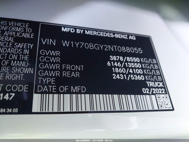 2022 Mercedes-benz Sprinter 1500 Standard Roof I4 მანქანა იყიდება აუქციონზე, vin: W1Y70BGY2NT088055, აუქციონის ნომერი: 43808924
