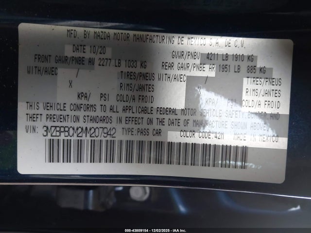 Продажа на аукционе авто 2021 Mazda Mazda3 Preferred, vin: 3MZBPBCM2MM207942, номер лота: 43809154