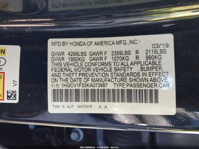 2019 HONDA ACCORD 1HGCV1F53KA073997 Photo 8