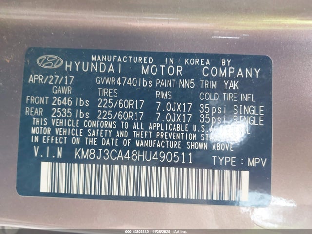 KM8J3CA48HU490511 Hyundai Tucson Se Plus