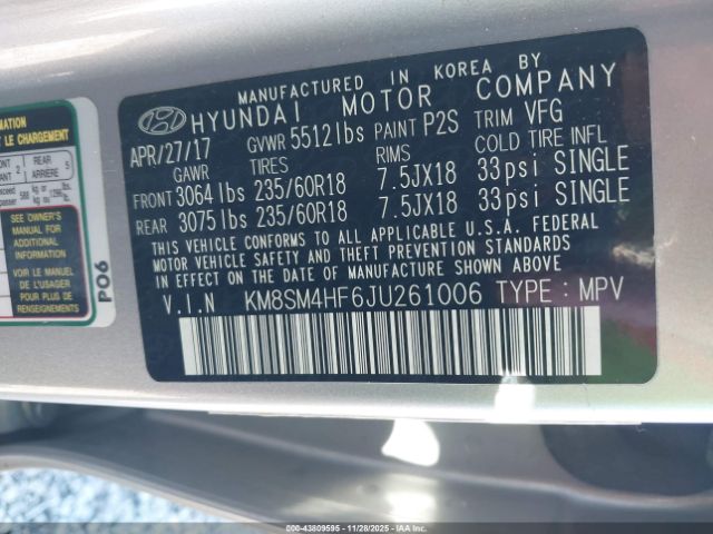 2018 HYUNDAI SANTA FE KM8SM4HF6JU261006 Photo 8