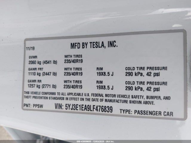 2020 TESLA MODEL 3 5YJ3E1EA9LF476839 Photo 8