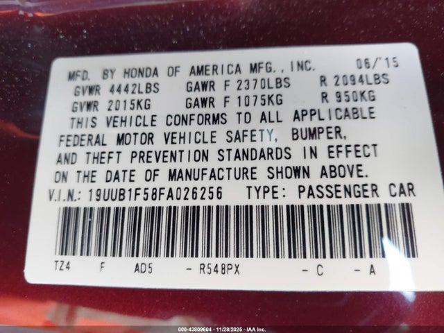 2015 ACURA TLX 19UUB1F58FA026256 Photo 8