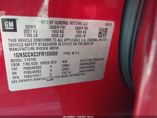 1GNSCCKC2FR165858 Chevrolet Tahoe Ltz
