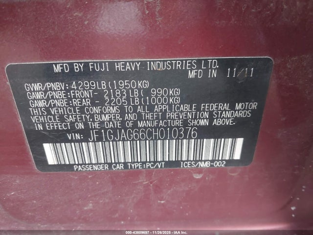 Продаж на аукціоні авто 2012 Subaru Impreza 2.0i Limited, vin: JF1GJAG66CH010376, номер лоту: 43809697