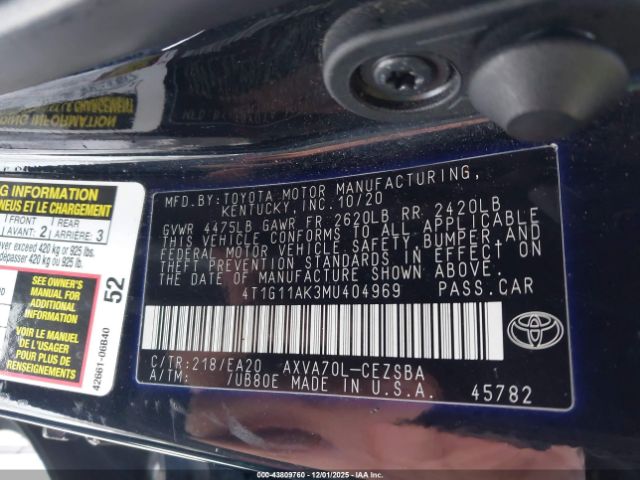 2021 TOYOTA CAMRY 4T1G11AK3MU404969 Photo 8