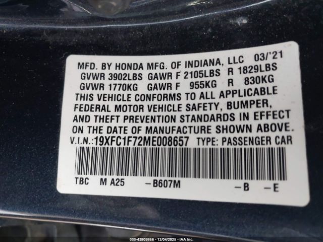 2021 HONDA CIVIC 19XFC1F72ME008657 Photo 8