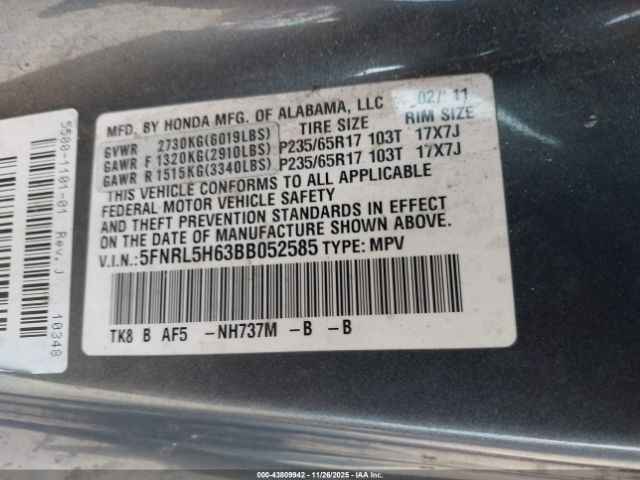 2011 HONDA ODYSSEY 5FNRL5H63BB052585 Photo 8