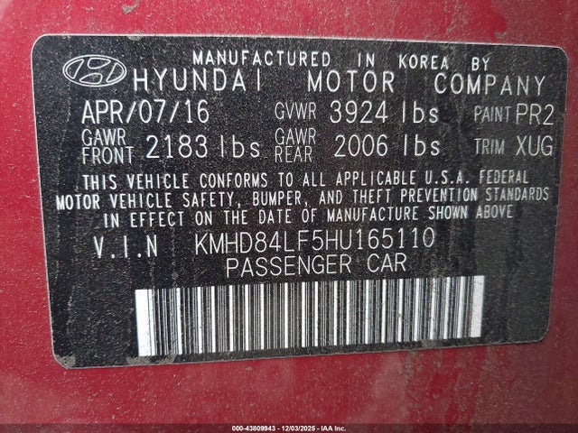 KMHD84LF5HU165110 Hyundai ELANTRA SE