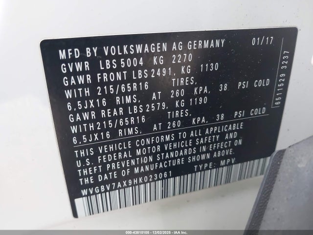 WVGBV7AX9HK023061 Volkswagen Tiguan 2.0t/2.0t S