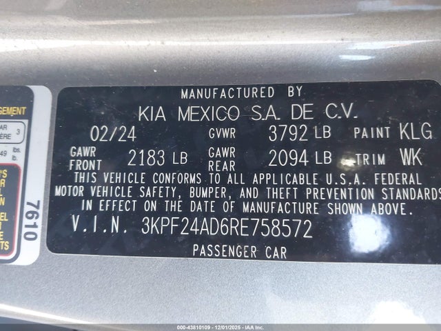 2024 Kia Forte Lxs მანქანა იყიდება აუქციონზე, vin: 3KPF24AD6RE758572, აუქციონის ნომერი: 43810109