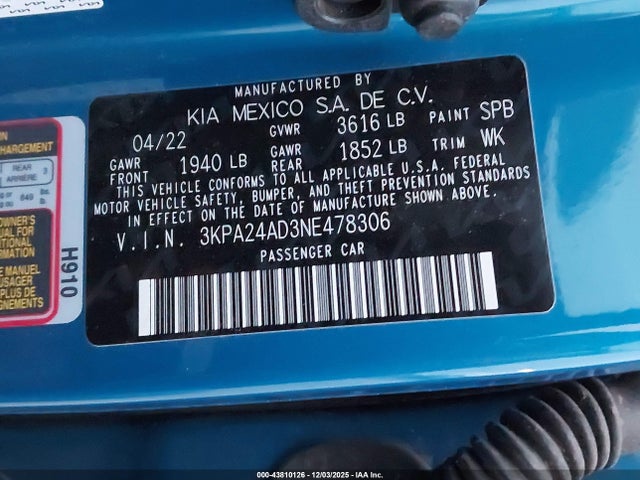 3KPA24AD3NE478306 KIA RIO S