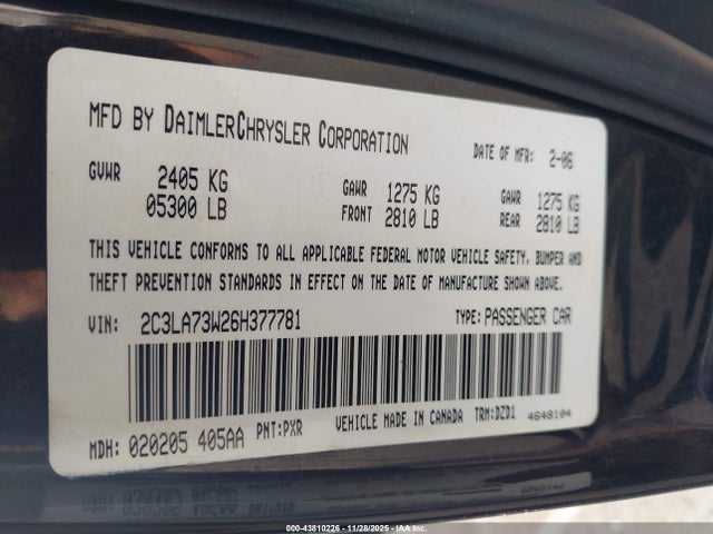 43810226 :رقم المزاد ، 2C3LA73W26H377781 vin ، 2006 Chrysler 300c Srt8 مزاد بيع