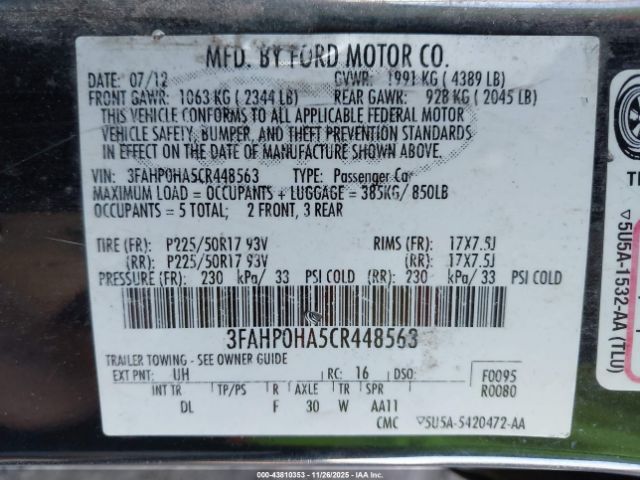 2012 FORD FUSION 3FAHP0HA5CR448563 Photo 8
