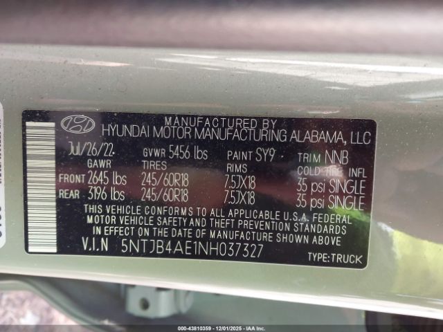 2022 HYUNDAI SANTA CRUZ 5NTJB4AE1NH037327 Photo 8