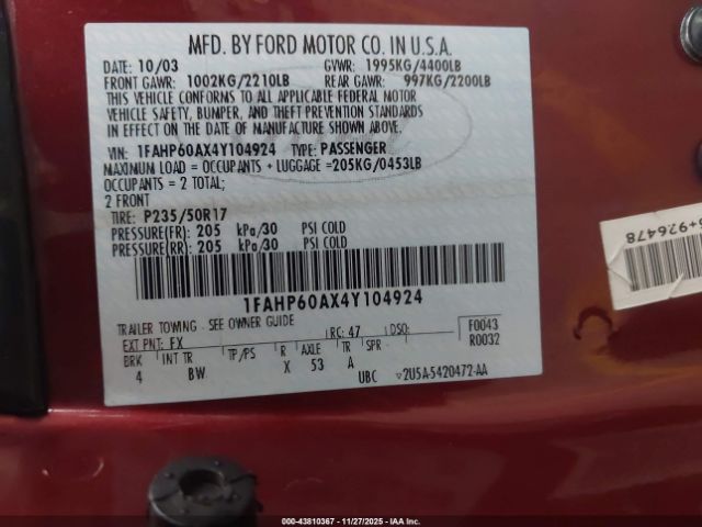 2004 FORD THUNDERBIRD 1FAHP60AX4Y104924 Photo 8