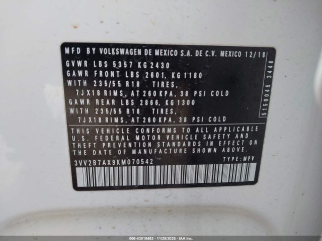 2019 VOLKSWAGEN TIGUAN 3VV2B7AX9KM070542 Photo 8